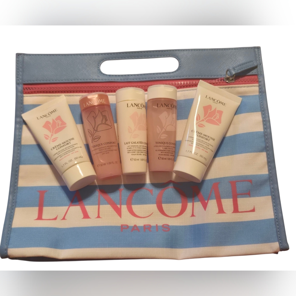 Lancome Bundle of 5 Travel Size Dry  Skin Products Plus Beauty Bag NEW